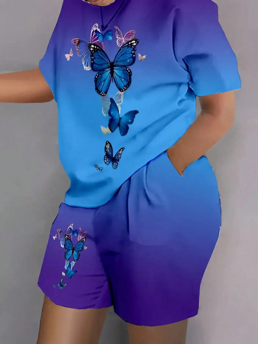 Plus Size 1XL-5XL Women Casual Colorful Abstract Print Pajama Set Round Neck Short Sleeve T-Shirt & Shorts Summer Loungewear