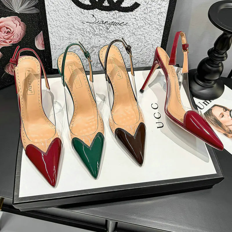 2026 Summer New Fairy-style Heart-shaped Pointed Toe Thin Heel Sandals for Women Transparent Patchwork Headpiece Back High Heels