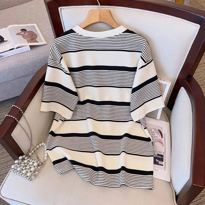 Women Plus Size Summer Regular Short Sleeve Suits Casual Strecth Cute Outfits Women Stripe O Neck Loose Two Piece Shorts Sets