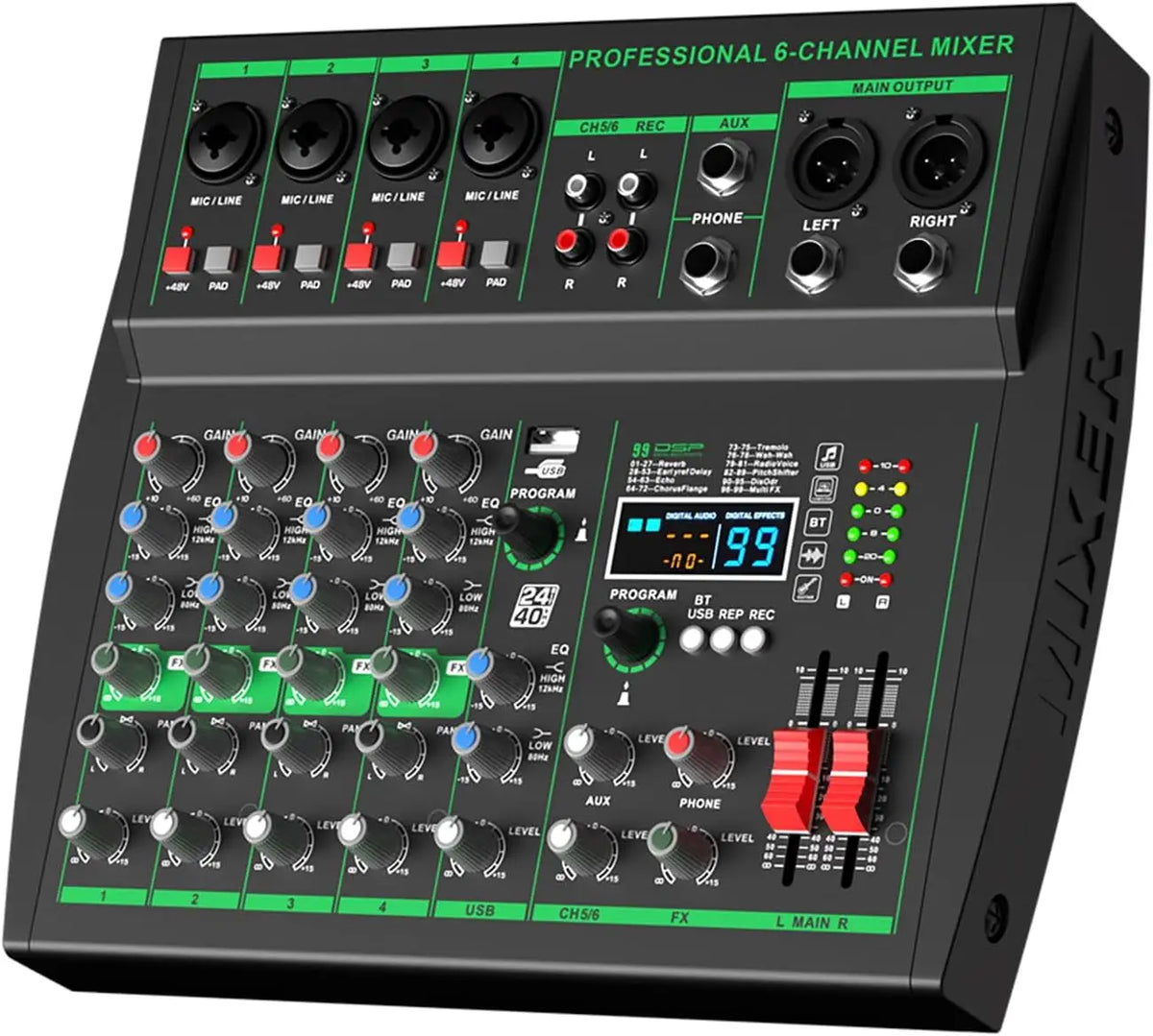 MW-6 Black 6-Channel Audio Mixer with Noise Reduction DJ Console | Bluetooth & USB Playback, Portable Controller Mixer, DSP 99 Preset Effects, Live Streaming, Podcasting, Home Party