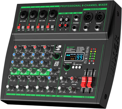 MW-6 Black 6-Channel Audio Mixer with Noise Reduction DJ Console | Bluetooth & USB Playback, Portable Controller Mixer, DSP 99 Preset Effects, Live Streaming, Podcasting, Home Party