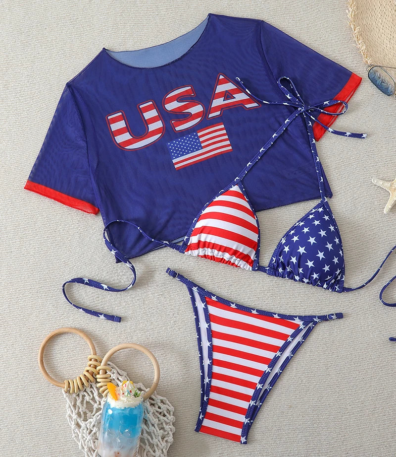 Sexy Thong Bikini 2026 Women USA Flag Print Bikinis Short Sleeve Three-pieces Split Bathing Suit Summer Swimsuit Beachwear