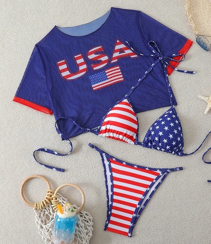 Sexy Thong Bikini 2026 Women USA Flag Print Bikinis Short Sleeve Three-pieces Split Bathing Suit Summer Swimsuit Beachwear