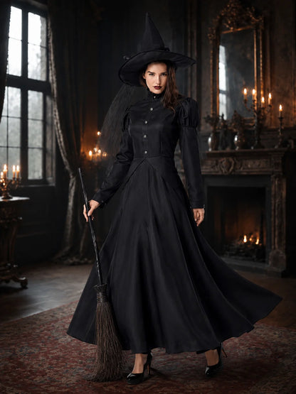 Family Matching Witch Costume for Women Girls, Classic Black Long Gown with Pointed Hat, Halloween Carnival Theme Party Cosplay Fancy Dress‑up