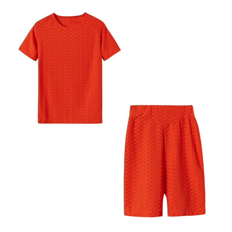 2024 New Summer Round-neck Solid Color Short-sleeved Two-piece Yoga Shorts Women's Sports Suit