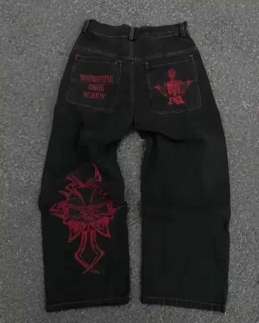 Women Bling Rhinestone Jeans Wings Pocket Embroidered Vintage Y2K Streetwear Hip Hop Dark Wash Cargo Denim Pants Fashion Trouser