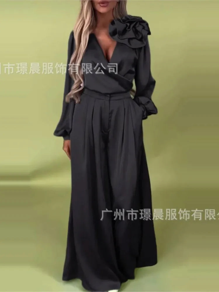 Fashion Solid Color Satin Long Sleeve Shirt Women 2 Piece Spring Autumn New Casual Loose Wide Leg Pants Pocket Female Office Set