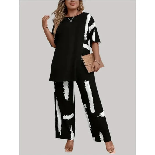 Plus Size Womens Brush Print Elegance  Short Sleeve Round Neck Split Top & Matching Pants 2 Piece Outfit Set