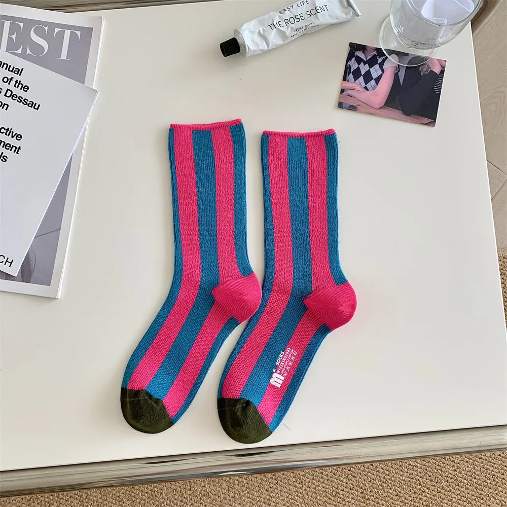 1Pairs Striped Funny Socks Korean Japanese Man Women Design Unisex Fashion Trendy Crew Stockings