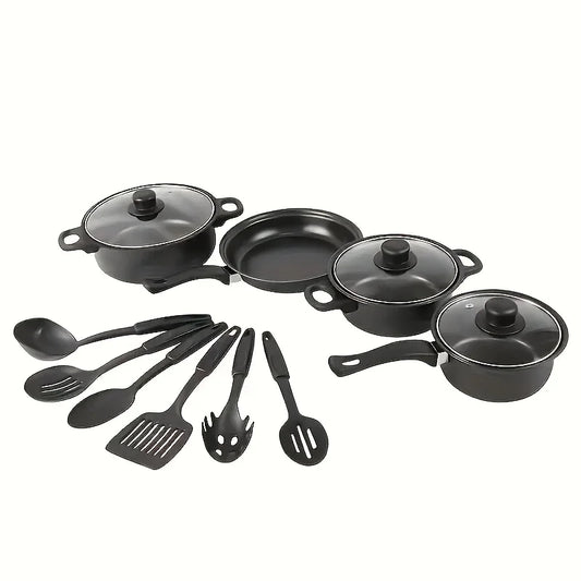 13-Piece Nonstick Cookware Set Black - Induction Compatible Pot Pan Set with Frying Pan & Utensils for Kitchen & Camping