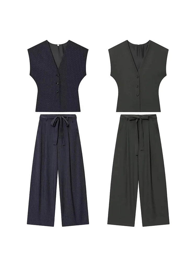 Women Fashion 2-Piece Set Single-breasted Sleeveless V-Neck Pinstripe Vest+Summer Pleated Loose Pocket Belt Zipper Pants