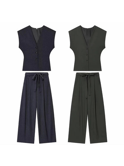 Women Fashion 2-Piece Set Single-breasted Sleeveless V-Neck Pinstripe Vest+Summer Pleated Loose Pocket Belt Zipper Pants