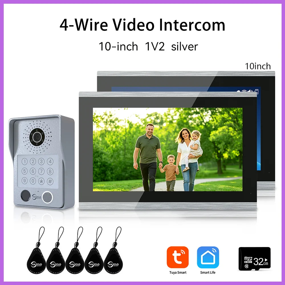 ANJIELO 4-Wire Video Intercom System with 10-inch Touch Screen 5-in-1 Unlock Tuya Smart APP Control IP65 Waterproof Night Vision