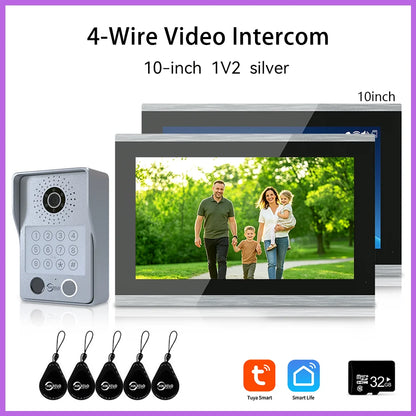 ANJIELO 4-Wire Video Intercom System with 10-inch Touch Screen 5-in-1 Unlock Tuya Smart APP Control IP65 Waterproof Night Vision
