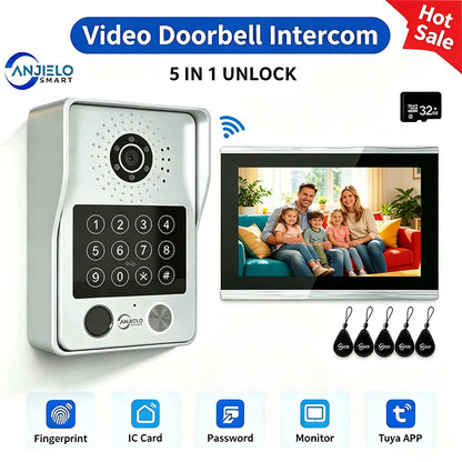 ANJIELO 4-Wire Video Intercom System with 10-inch Touch Screen 5-in-1 Unlock Tuya Smart APP Control IP65 Waterproof Night Vision