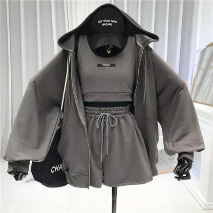 Women's Fashionable Casual Sports Windsuit Spring Autumn Collection Age-Reducing Gym Running Sweatshirt Shorts Three-Piece Set