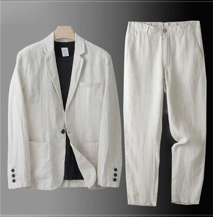 Cotton Linen Men's 2‑Piece Suit Lightweight Slim Fit Breathable Casual Suit Set for Office Wedding Sun Protection