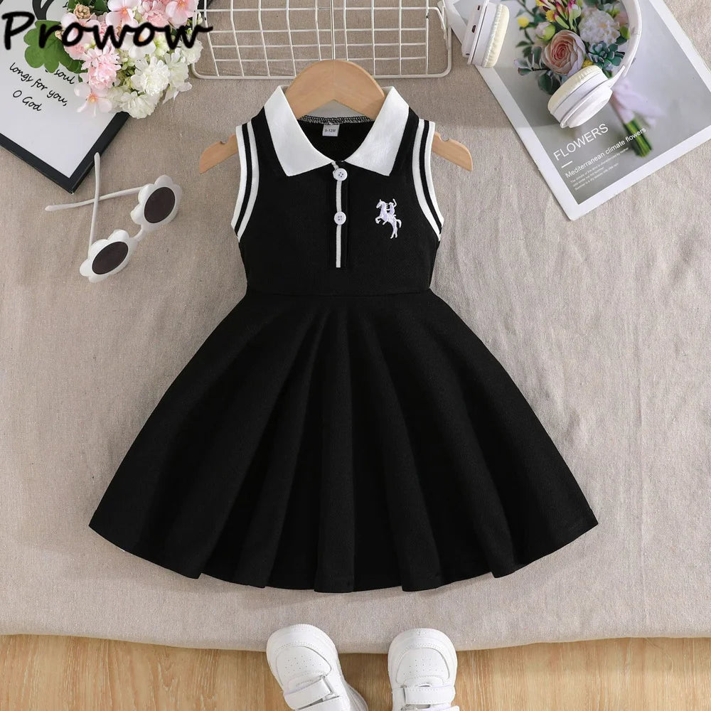 Prowow 0-3Y Baby Sporty Dresses 2025 Sleeveless Polo Dress For Girls Preppy Style Letter Baseball Dress Toddler Girl Clothes