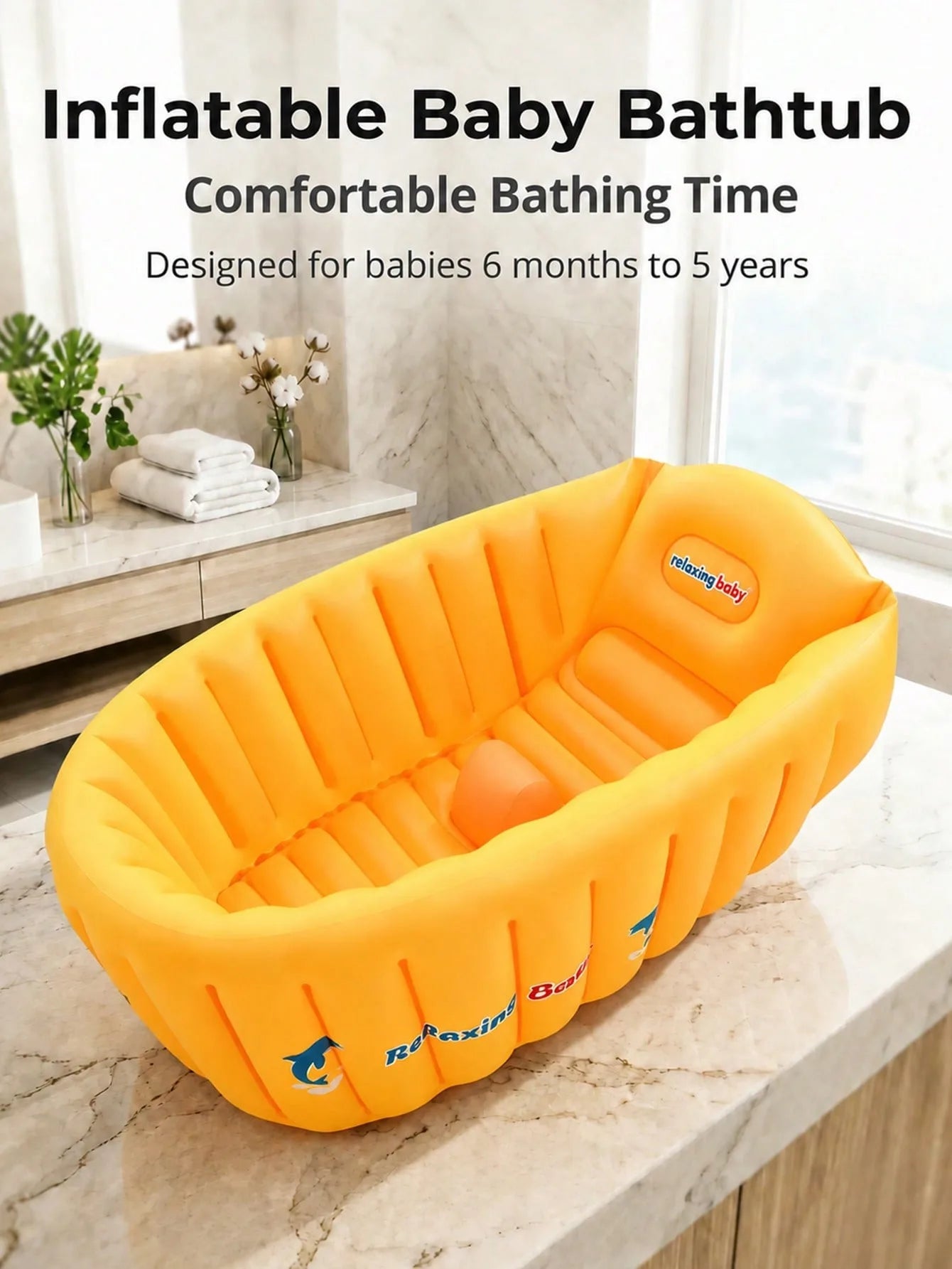 Yellow Inflatable Baby Bathtub Portable Foldable Non Slip Newborn Blow Up Bath Tub Toddler Swimming Pool Travel Shower Basin Air Padding