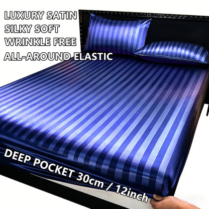 Striped Satin Fitted Sheet | 100% Polyester with All-Around Elastic | Multiple Bed Sizes