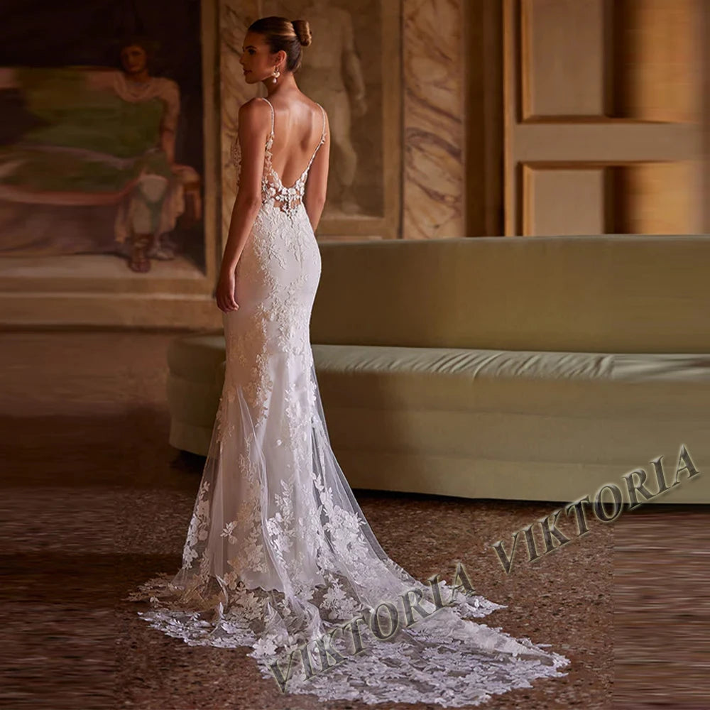 VIKTORIA Vintage Backless Wedding Dresses For Woman Spaghetti Straps Lace Appliques Vestido De Casamento Personalized Customized