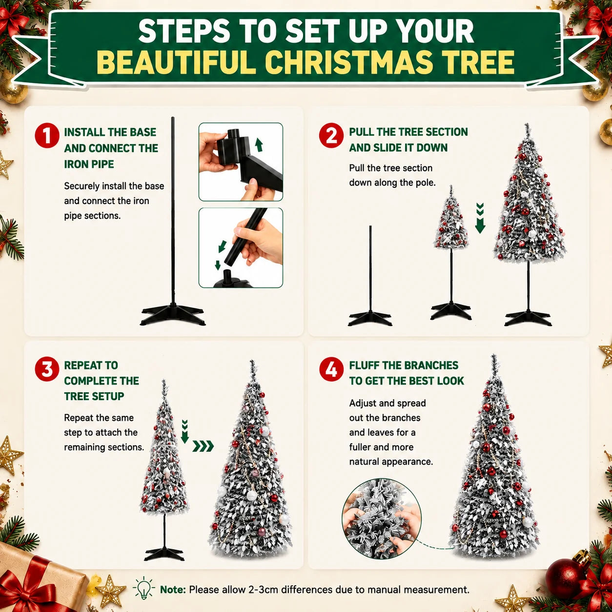 Flocked PVC Christmas Tree 1.5/1.8/2.1M Pre‑Attached Baubles, Foldable Xmas Tree with USB String Lights for Home Holiday Decor