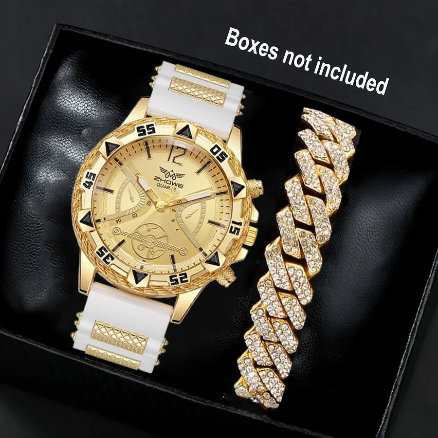 Business 2PCS Men's Fashion casual Luxury Silicone Band Diamond Quartz Bracelet Wrist Watch set（Box Not Included ）