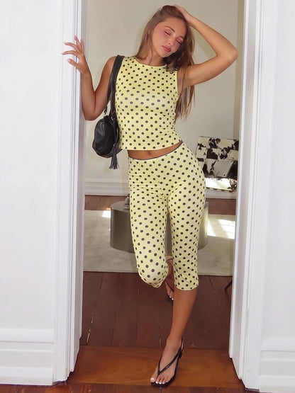 Dulzura Polka Dot Casual Sports 2 Piece Long Pants Set Backless Tank Top Slim Fit Long Pants Matching Set Vacation Street Outfit