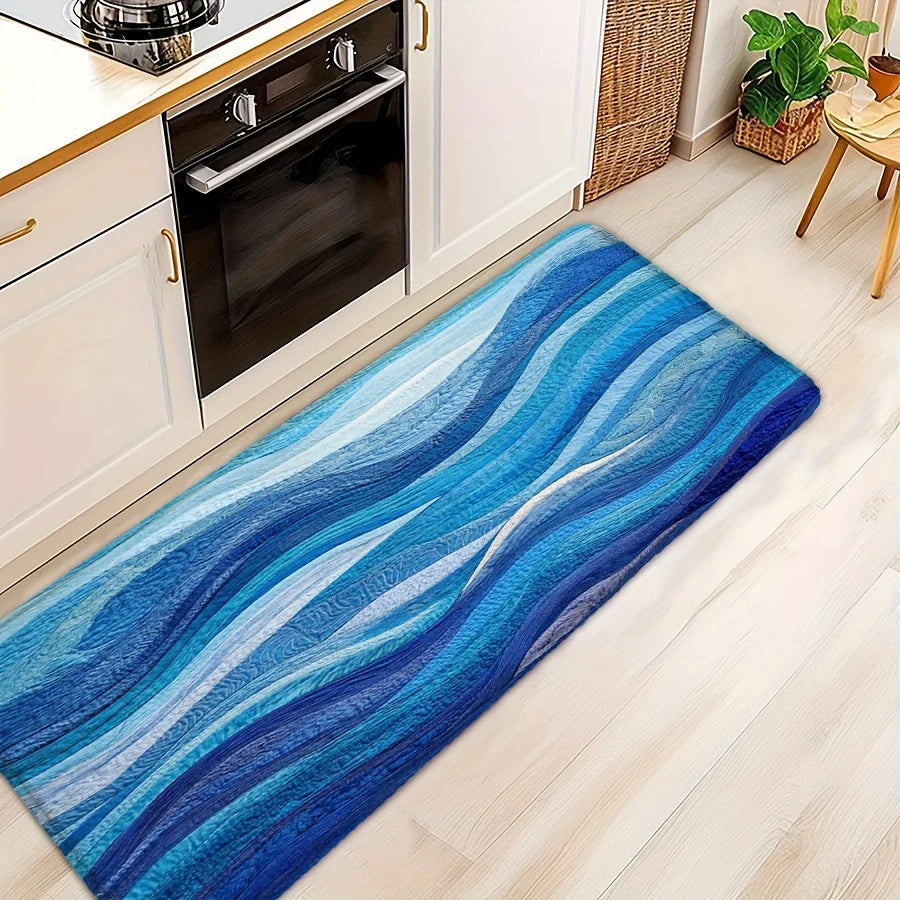 Rich Blue Wavy Pattern Bath Mat, Machine Washable Non-Slip Rug, Ideal for Bathroom Kitchen Entryway, Perfect Housewarming Gift