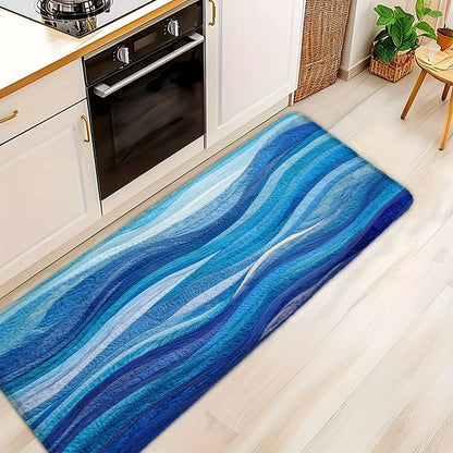 Rich Blue Wavy Pattern Bath Mat, Machine Washable Non-Slip Rug, Ideal for Bathroom Kitchen Entryway, Perfect Housewarming Gift