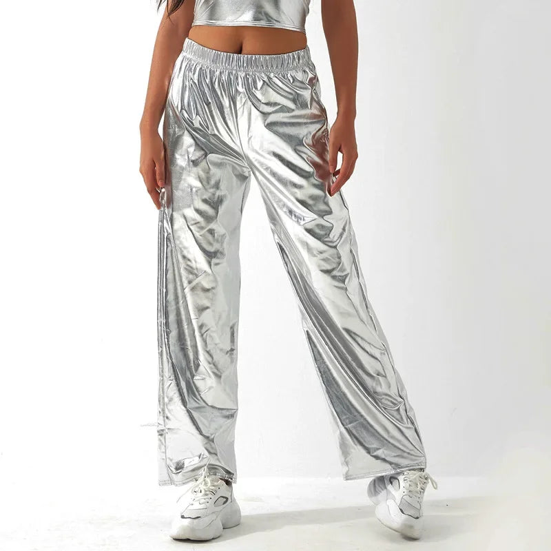 Aurora Laser Gradient High-Waist Pants | Iridescent Stretch Straight-Leg Trousers | Women's Rave & Streetwear Bottoms