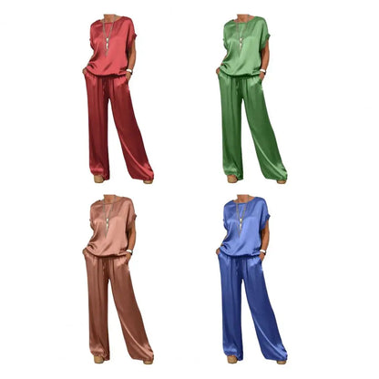 Simple Satin Women's Suits Summer Fashion Short Sleeve Loose Blouse Wide Leg Pants Two Piece Set For Women Casual Outfits