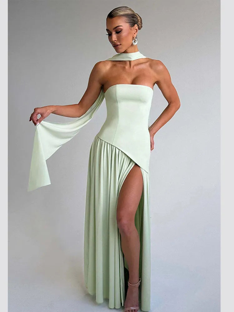 Solid Spliced Ribbon Maxi Dress Women Elegant Strapless Sleeveless Slit Long Dresses 2025 New Summer Holiday Party Lady Vestidos