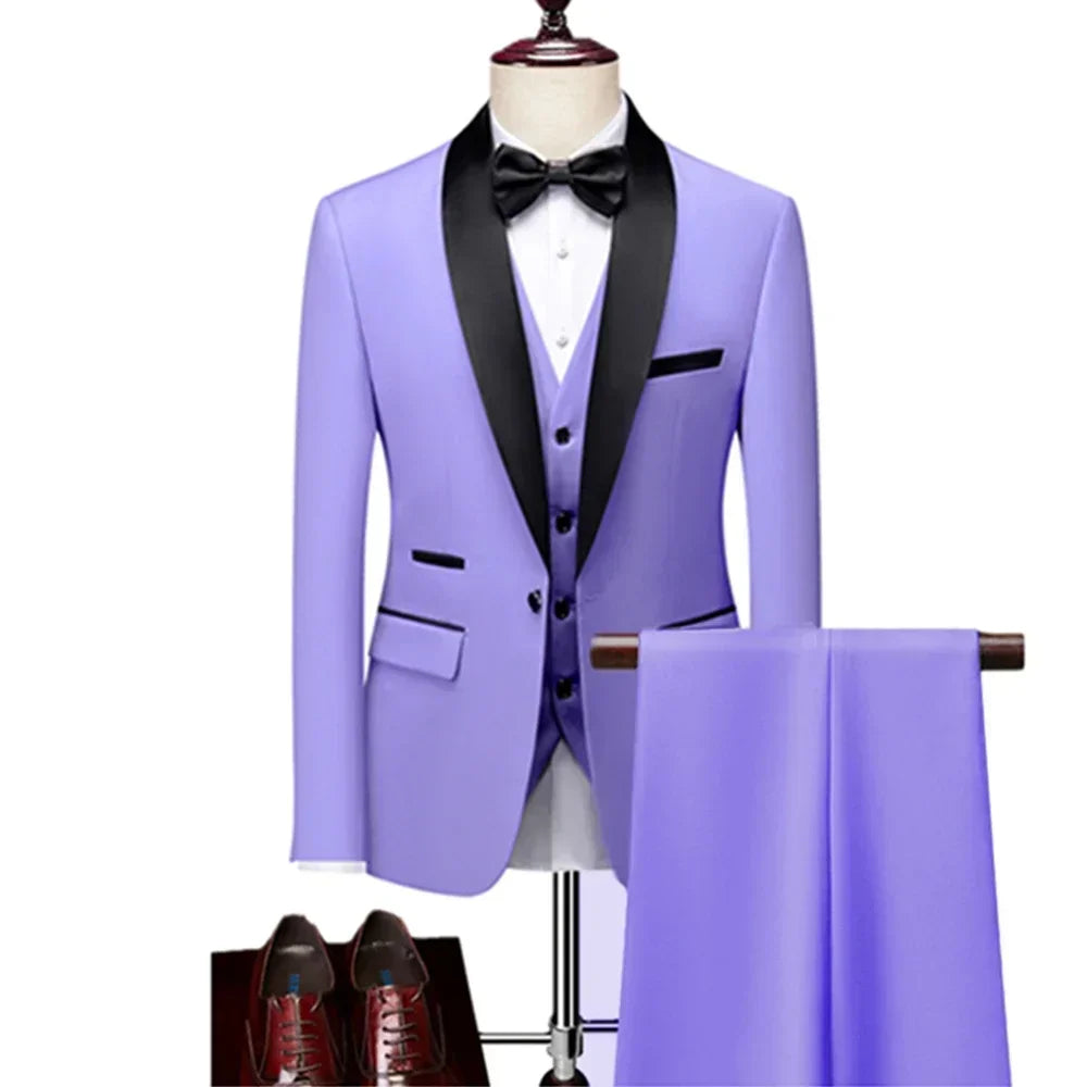 US Size Men Lapel Black Collar 3 Pcs Suit Set Coat Vest Trousers / Business Groom Wedding Dress Fprmal Blazer Pants Waistcoat