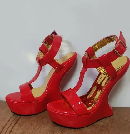 Strange Style Women Metal Color Woman Summer Platform Sandals Sexy Hoof Heel Ankel Buckle Strap Open Toe Shoes High Quality