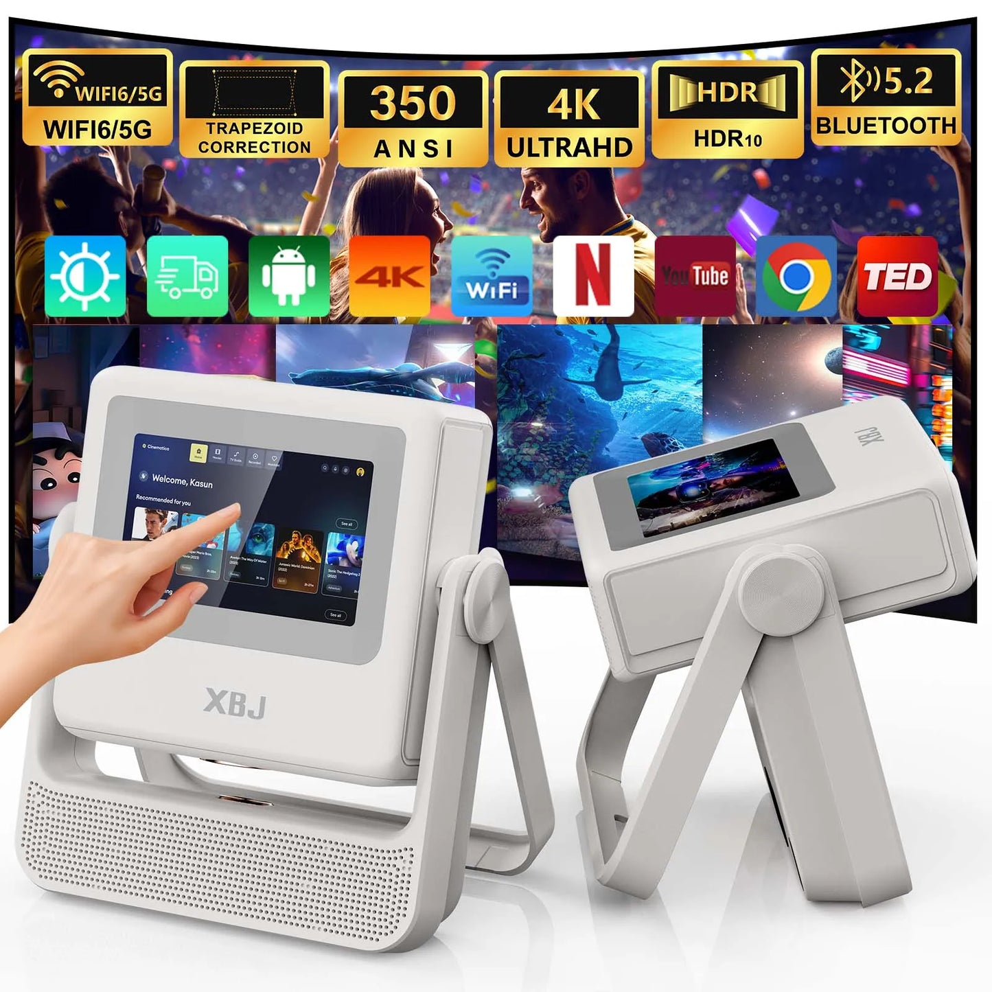 XBJ A5Pro Smart Doule Touchscreen Projector 1080P HD Proyector with WiFi , Auto Keystone Correction,Home Theater outdoor cinema