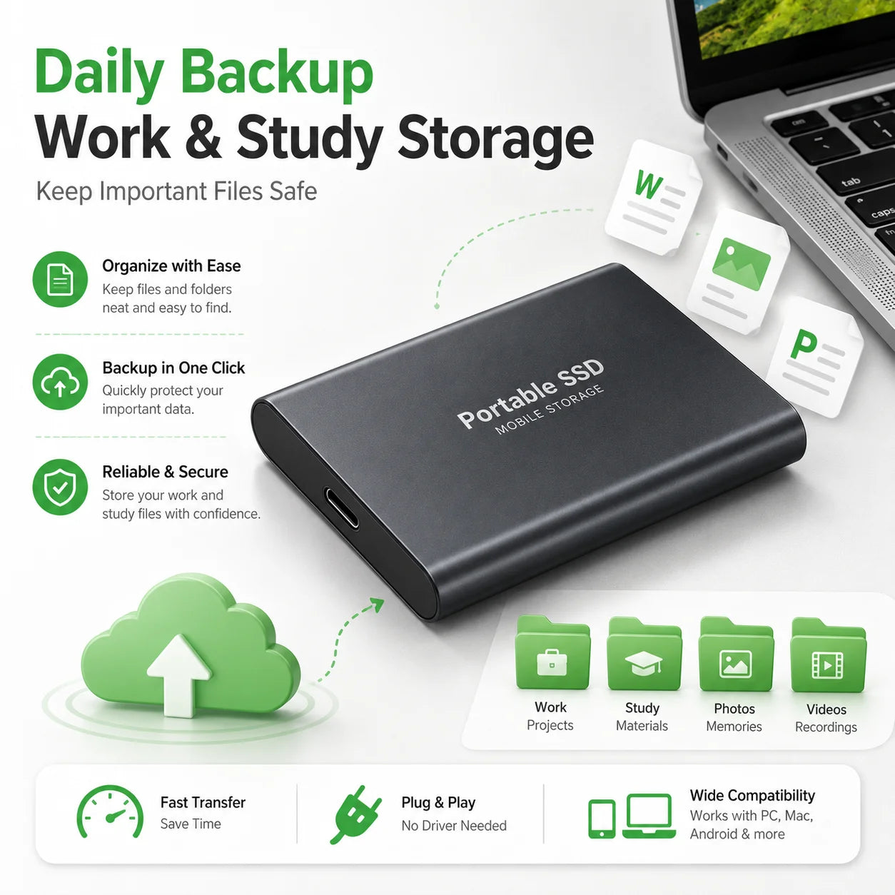 Space Efficient External Hard Drive 2TB Portable Mobile Hard Disk for Family Daily Photo Saveing PC Laptop