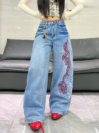 American Retro Two-Color Embroidered Wide-Leg Women's High-Waisted Jeans - Fashionable Design, Straight-Leg Loose Slimming Wide-Leg Floor-Length Trousers For Street Hotties