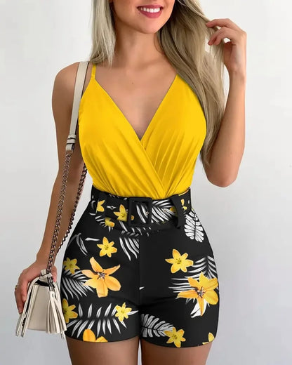 2025 Women'Camisole Vest+Shorts 2-Piece Sets 2025 Summer Sexy Slim Female V-neck Plant Print Short Pants Suits With Belt S-XXL