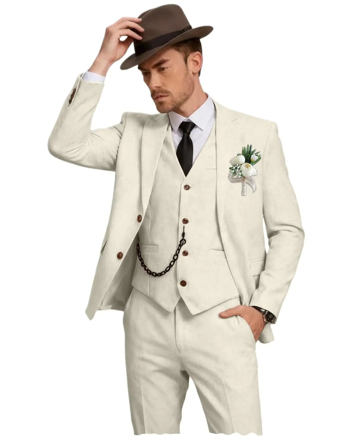 Men's 3 Piece Linen Suit, Slim Fit Notch Lapel Single Breasted Blazer Vest Pants Set Breathable Casual Business Wedding Suit