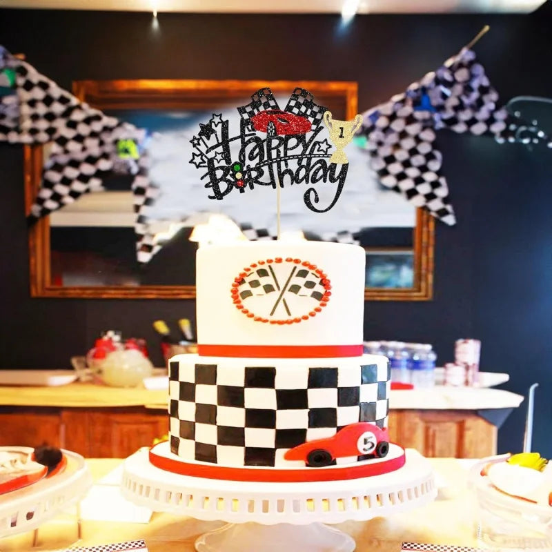 Cake Topper Racing Car Flag Happy Birthday Sports Car Theme Boy Man Party Baby Shower Cupcake Decoration Baking Supplies Stars
