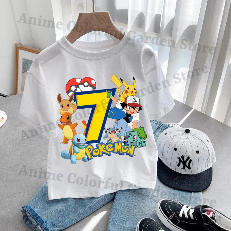 Anime Pokemons Kawaii T-shirts for Children Pikachu Cartoon Number Printed Short-sleeved Top Boys Girls Summer Fashion T-shirt