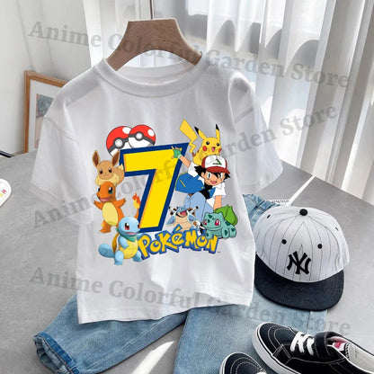 Anime Pokemons Kawaii T-shirts for Children Pikachu Cartoon Number Printed Short-sleeved Top Boys Girls Summer Fashion T-shirt