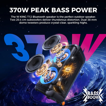 W-KING T12 Tragbare Bluetooth-Lautsprecher-Box mit 370W MAX Pro Sound, Lichtshow, CSB, Bass Boost, Rollen und Teleskopgriff