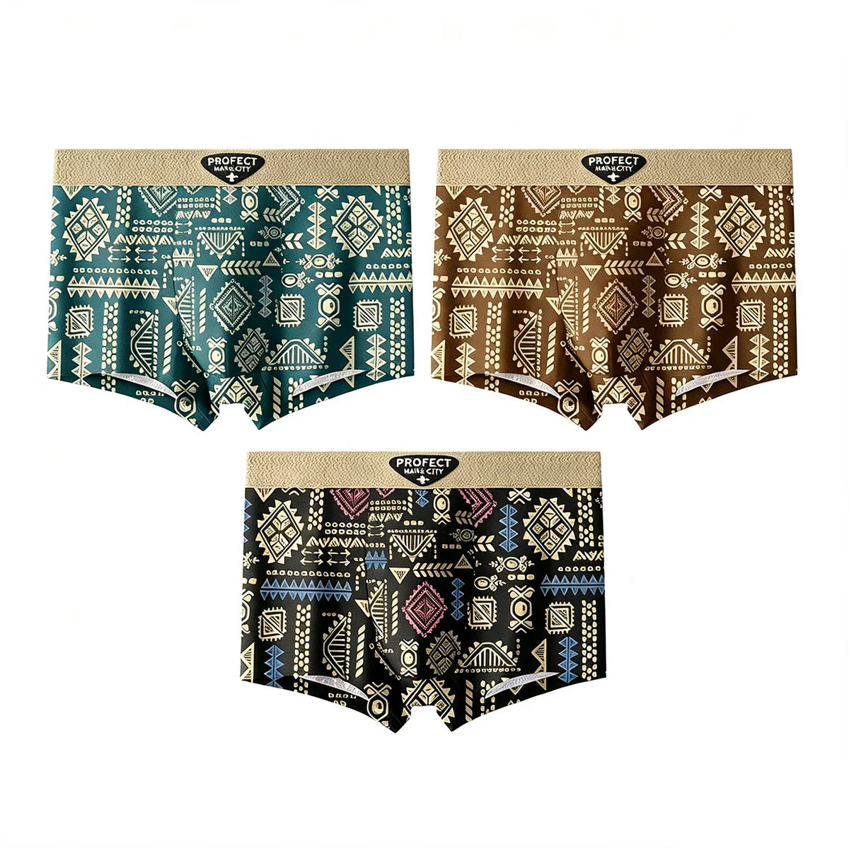 3pcs/set Fashion Men Underwear Men's Retro Geometric Print Boxer Briefs Soft Breathable Mid-Waist Underwear Comfortable Shorts