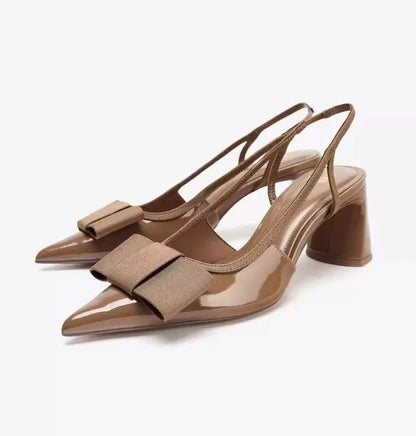 Summer New Women's Shoes with Black Bow Decoration, Exposed Heels, Thick Heels, Pointed High Heels, Shallow Sandals
