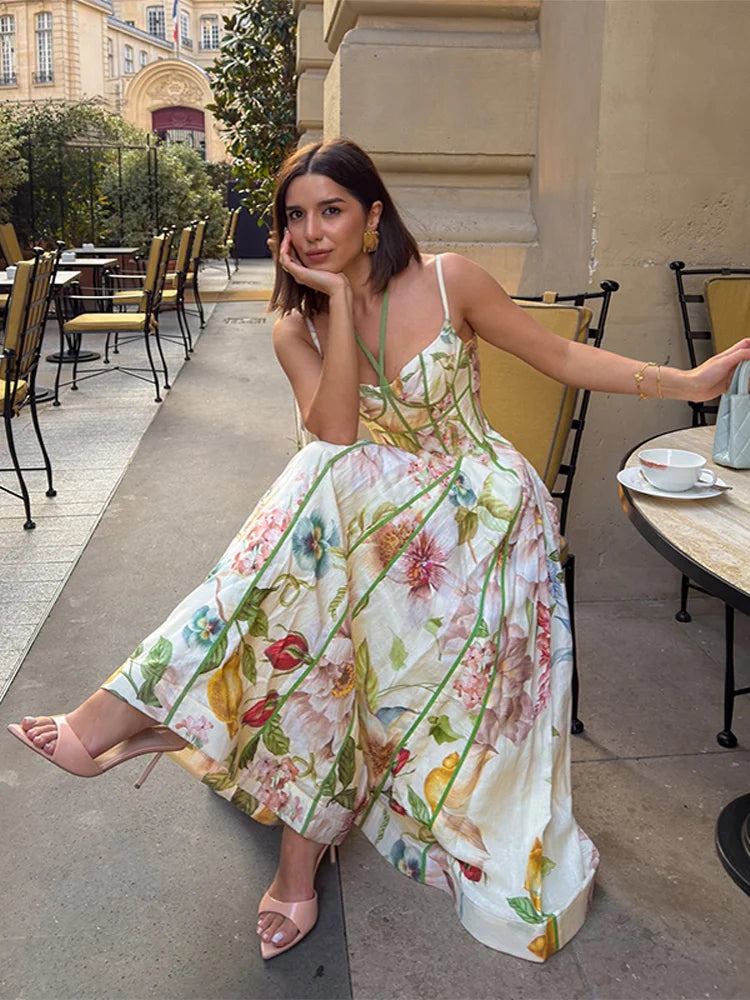 Floral Print Halter Neck Corset Waist Maxi Dress Sleeveless Flared Hem A Line Dresses 2026 Fashion Elegant Vacation Party Gown