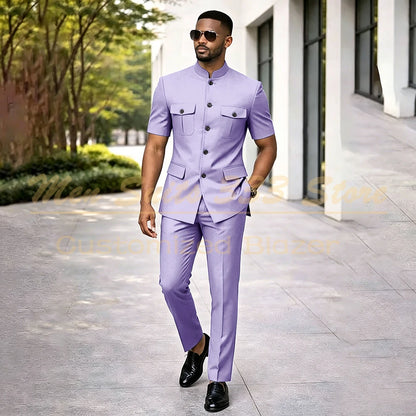 Summer Safari Men's Suits Fashion Regular Fit Short Sleeve Blazer Elegant Luxury Single Breasted 2 Piece Jacket Pants Outfits