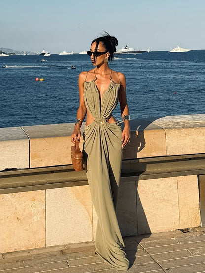 Sexy Women's Backless Dress Halter Sleeveless Waist Hollow Out Solid Female Dresses 2026 Summer Vacation Beach Fashion Lady Robe