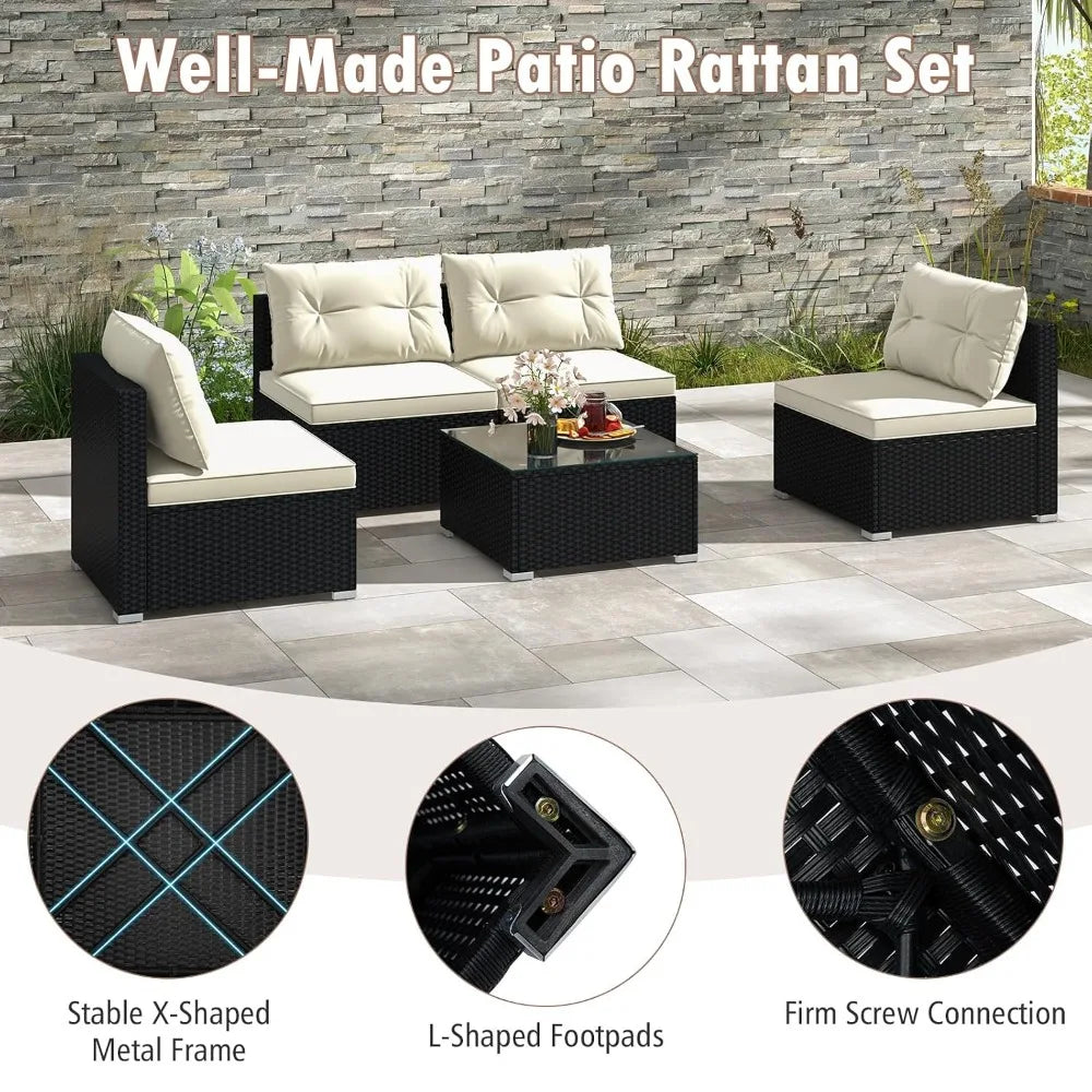 5 Piece Rattan Sofa Set, Patiojoy Outdoor Wicker Furniture Set with Seat & Back Cushions, Square Coffee Table,, Customized